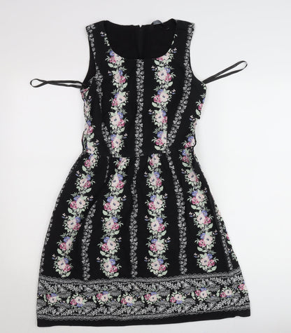 Dorothy Perkins Women’s Black Floral Fit & Flare Dress UK 12 Knee Length
