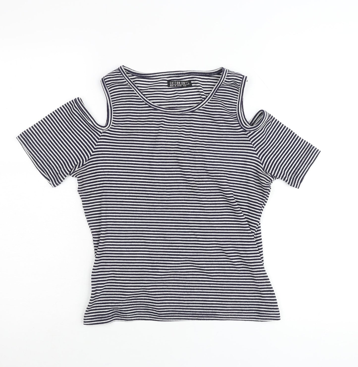 Cotton On Womens Black Striped Cold Shoulder T-Shirt Size L