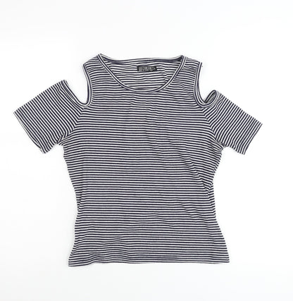 Cotton On Womens Black Striped Cold Shoulder T-Shirt Size L