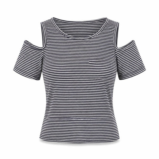 Cotton On Womens Black Striped Cold Shoulder T-Shirt Size L