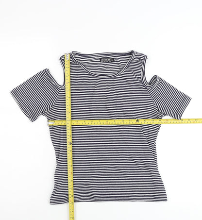 Cotton On Womens Black Striped Cold Shoulder T-Shirt Size L