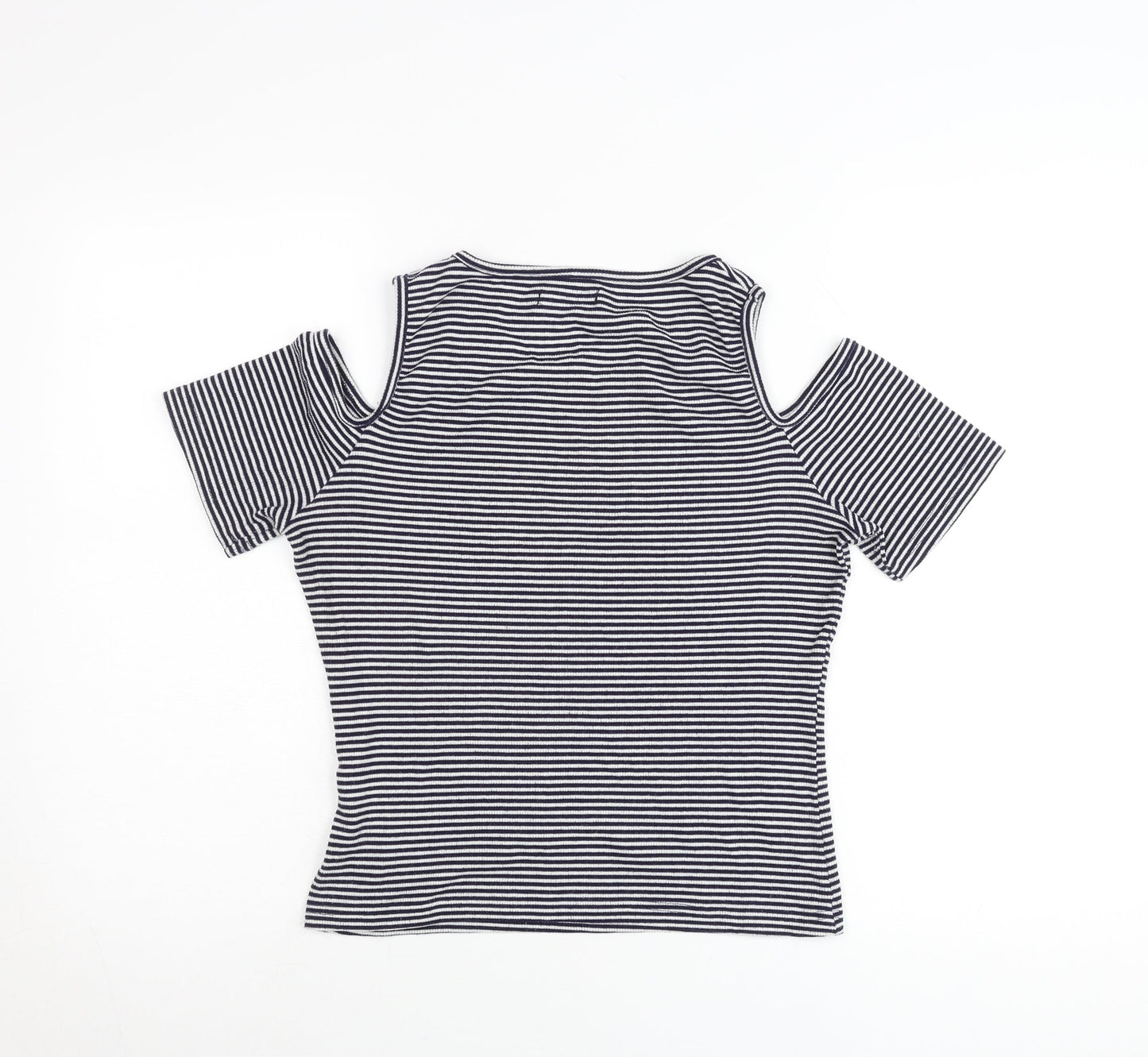 Cotton On Womens Black Striped Cold Shoulder T-Shirt Size L