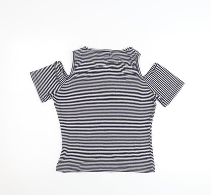 Cotton On Womens Black Striped Cold Shoulder T-Shirt Size L