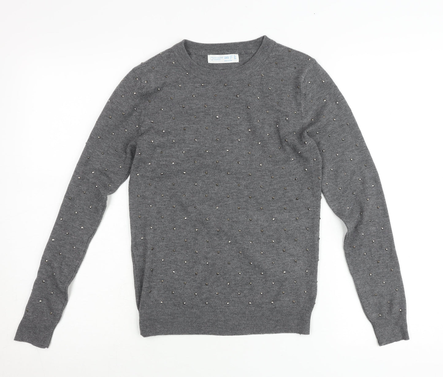 Primark Women’s Grey Studded Crew Neck Pullover Jumper 2XS