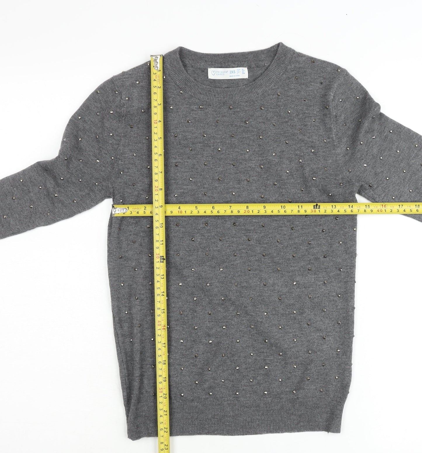 Primark Women’s Grey Studded Crew Neck Pullover Jumper 2XS