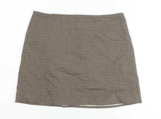 H&M Women Brown Check Pencil Skirt Size 14 Workwear Tweed Knee Length