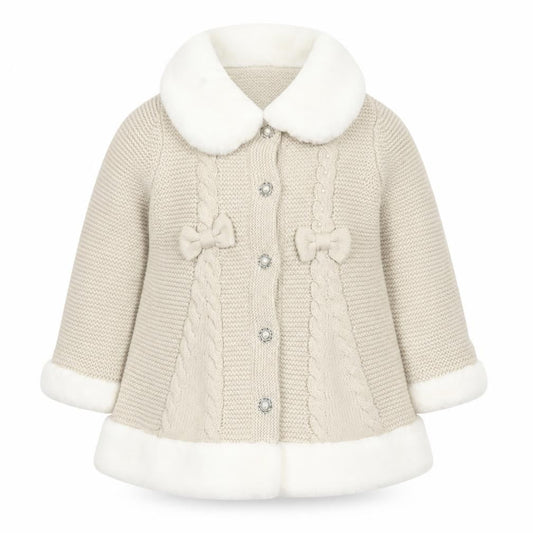Front view of Rachel Zoe girls’ beige faux fur trim knitted coat 2 years party winter