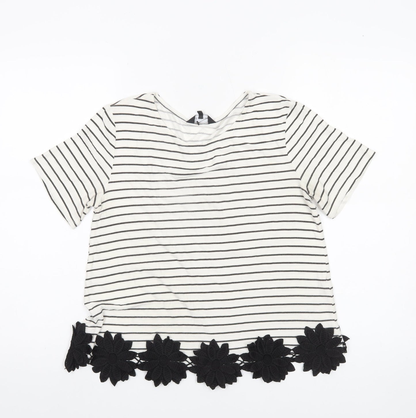 New Look Women’s White Striped T-Shirt Size 8 Short Sleeve Floral Hem