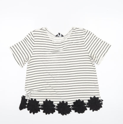 New Look Women’s White Striped T-Shirt Size 8 Short Sleeve Floral Hem