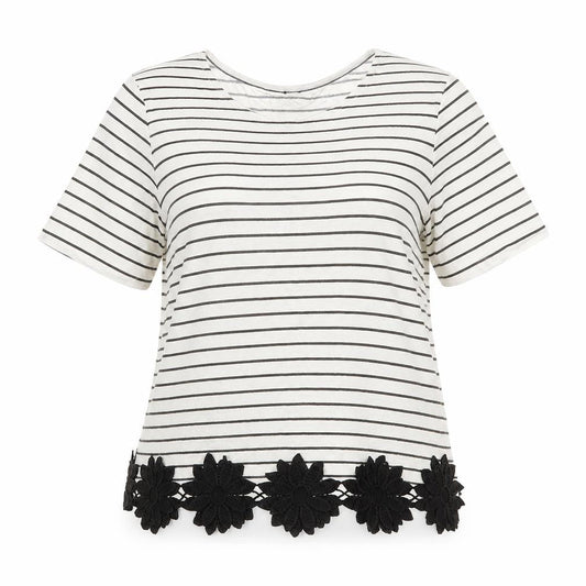 New Look Women’s White Striped T-Shirt Size 8 Short Sleeve Floral Hem