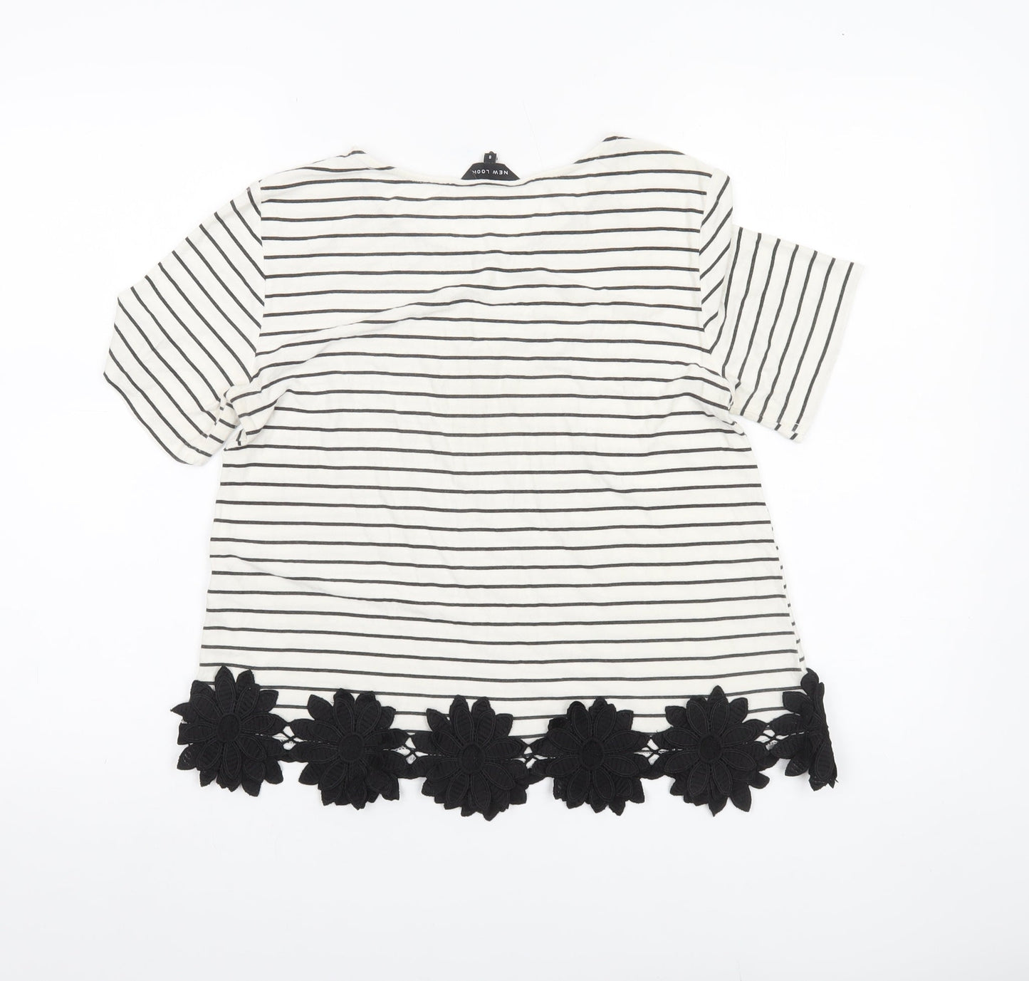 New Look Women’s White Striped T-Shirt Size 8 Short Sleeve Floral Hem