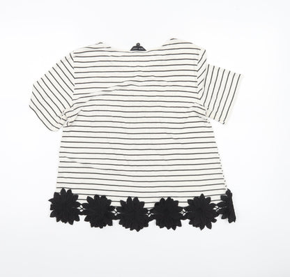 New Look Women’s White Striped T-Shirt Size 8 Short Sleeve Floral Hem