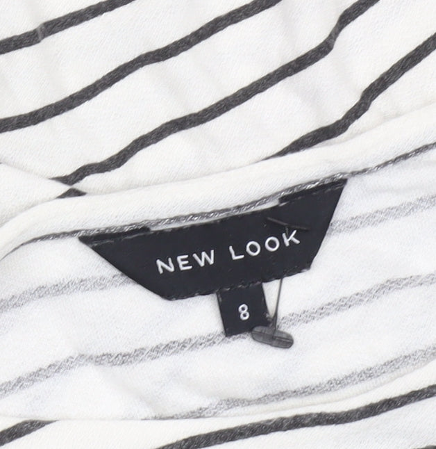 New Look Women’s White Striped T-Shirt Size 8 Short Sleeve Floral Hem