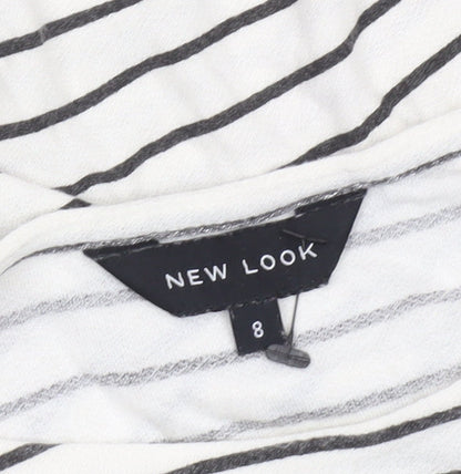 New Look Women’s White Striped T-Shirt Size 8 Short Sleeve Floral Hem