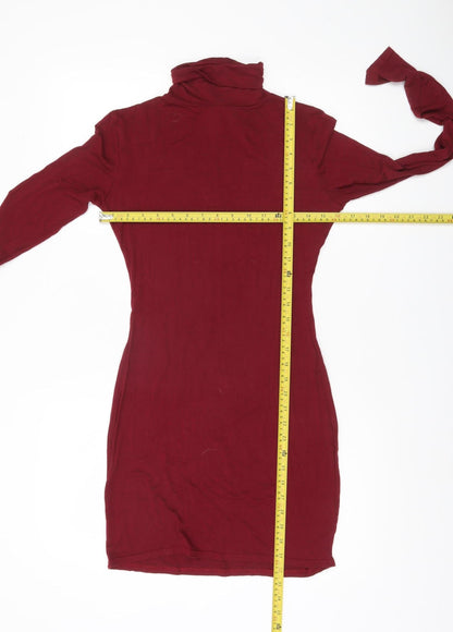 Boohoo Women Red Bodycon Roll Neck Long Sleeve Short Dress UK 10