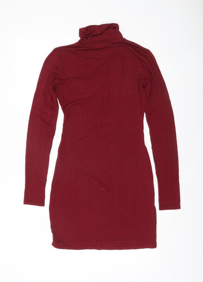 Boohoo Women Red Bodycon Roll Neck Long Sleeve Short Dress UK 10