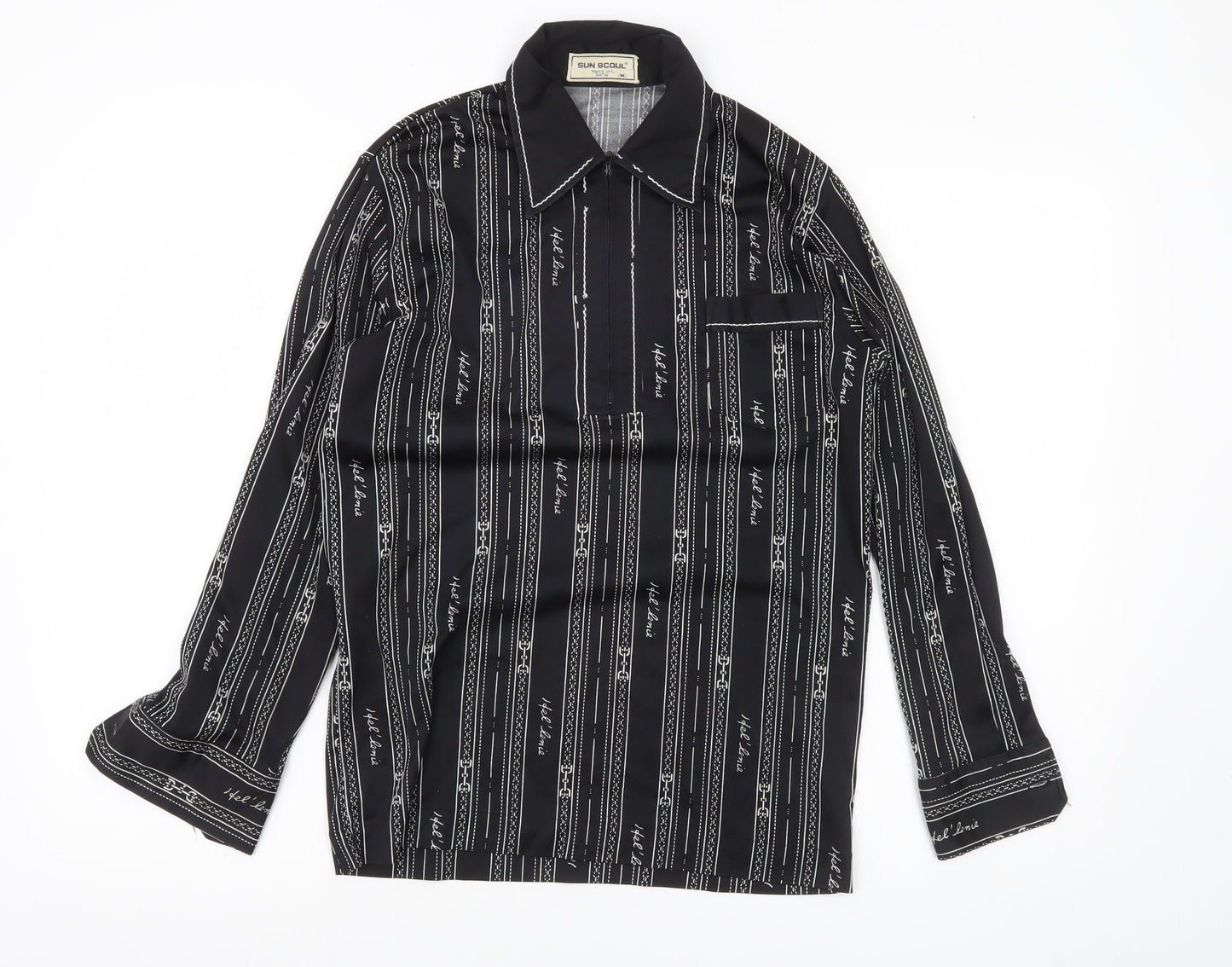SUN 8COUL Men's Black Striped Button-Up Shirt M Long Sleeve Casual