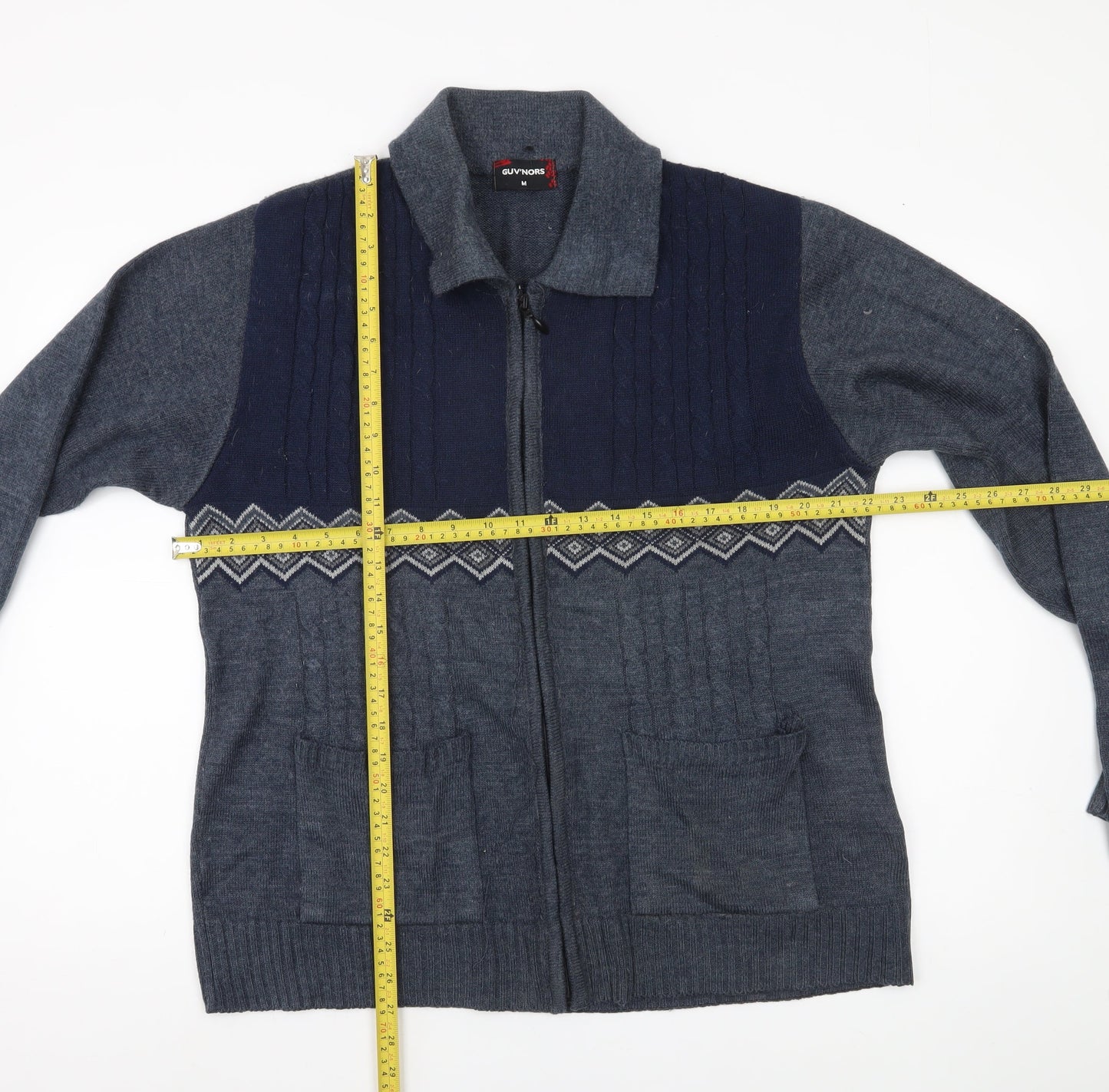 GUV'NORS Men's Blue Geometric Cable Knit Zip Cardigan Jumper M