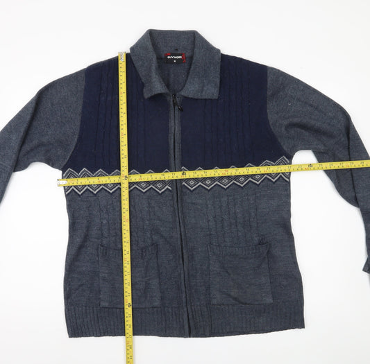 GUV'NORS Men's Blue Geometric Cable Knit Zip Cardigan Jumper M