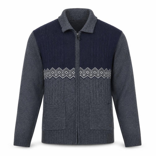 GUV'NORS Men's Blue Geometric Cable Knit Zip Cardigan Jumper M