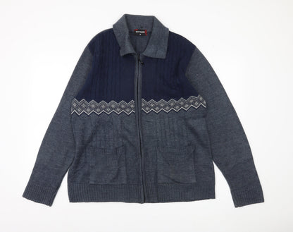 GUV'NORS Men's Blue Geometric Cable Knit Zip Cardigan Jumper M