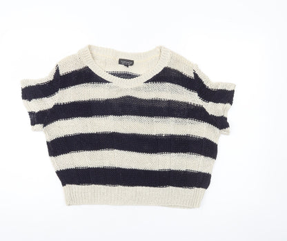 Topshop Women’s Black Beige Striped Knit V-Neck Jumper UK 10