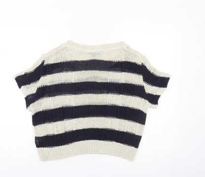Topshop Women’s Black Beige Striped Knit V-Neck Jumper UK 10