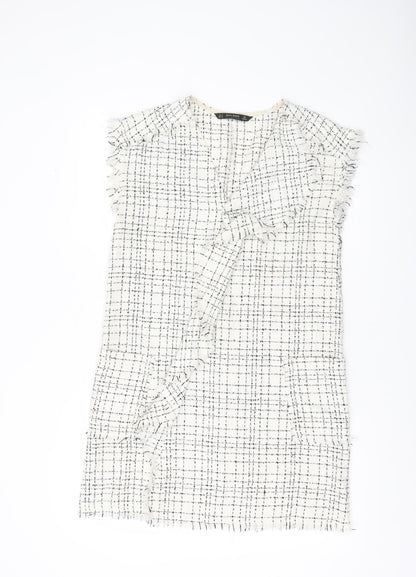 Zara Women White Check Sleeveless Shift Dress Size S Workwear