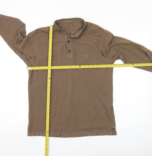 AllSaints Mens Brown Long Sleeve Polo Shirt Medium 100% Cotton