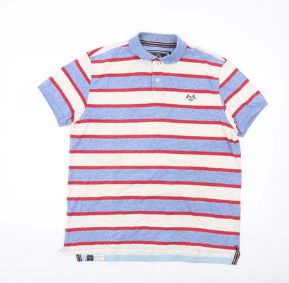 F&F Men’s Blue Red White Striped Polo Shirt L Cotton Casual