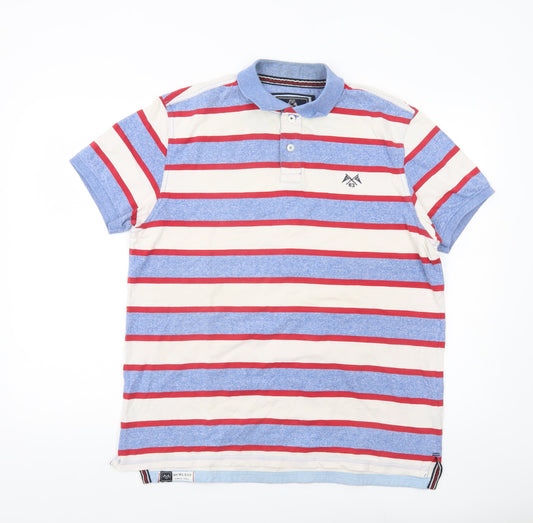 F&F Men’s Blue Red White Striped Polo Shirt L Cotton Casual