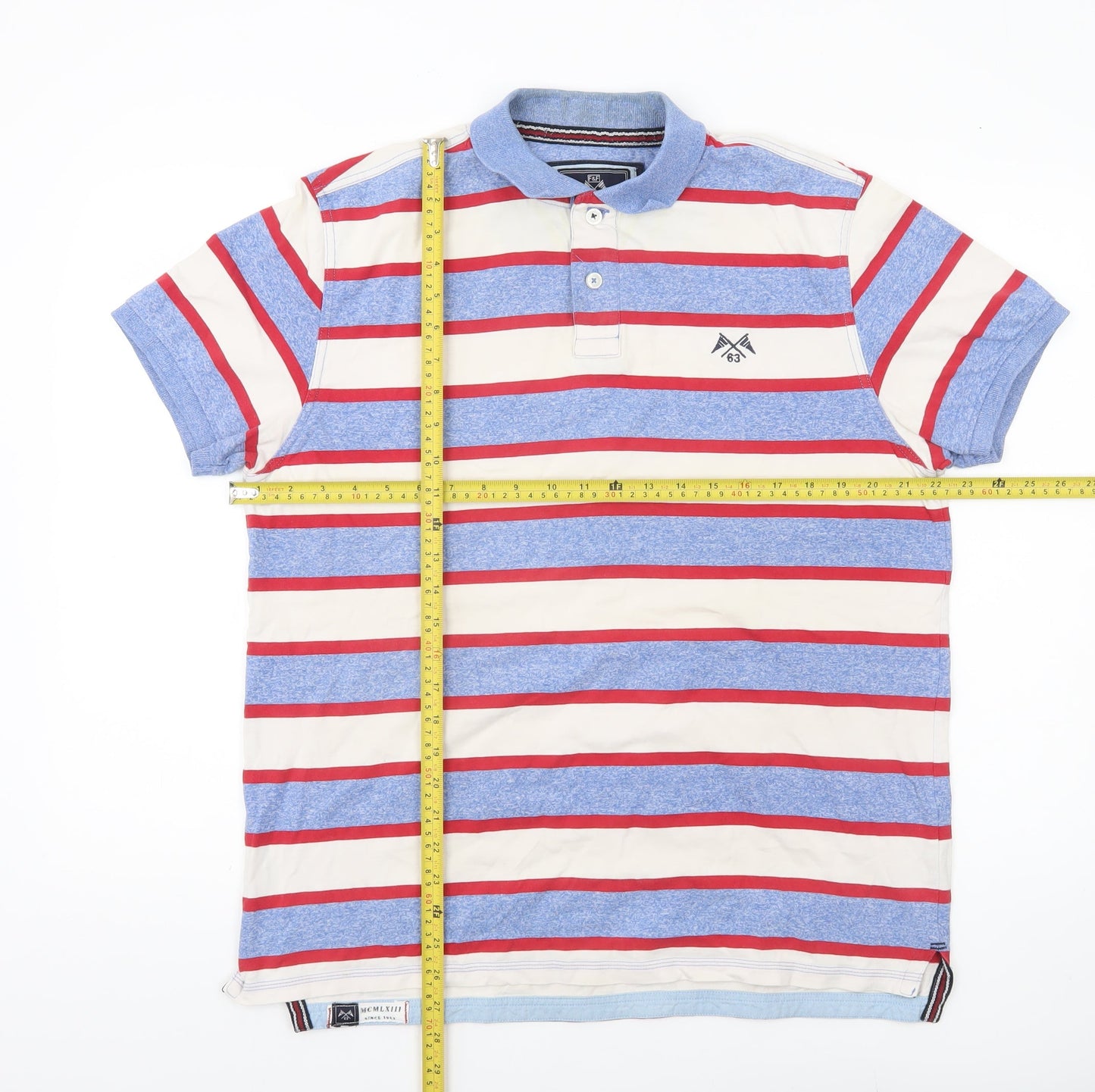 F&F Men’s Blue Red White Striped Polo Shirt L Cotton Casual