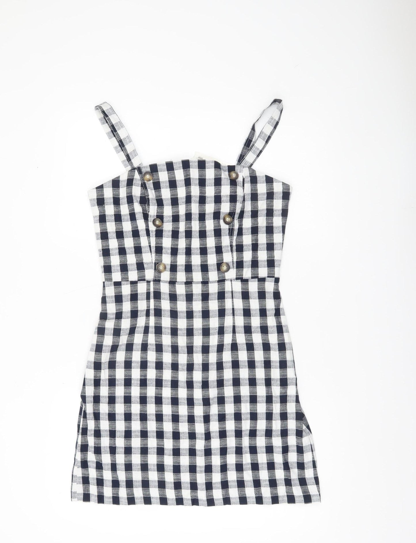 Miss Selfridge Women Black White Check Mini Pinafore Dress Size 10