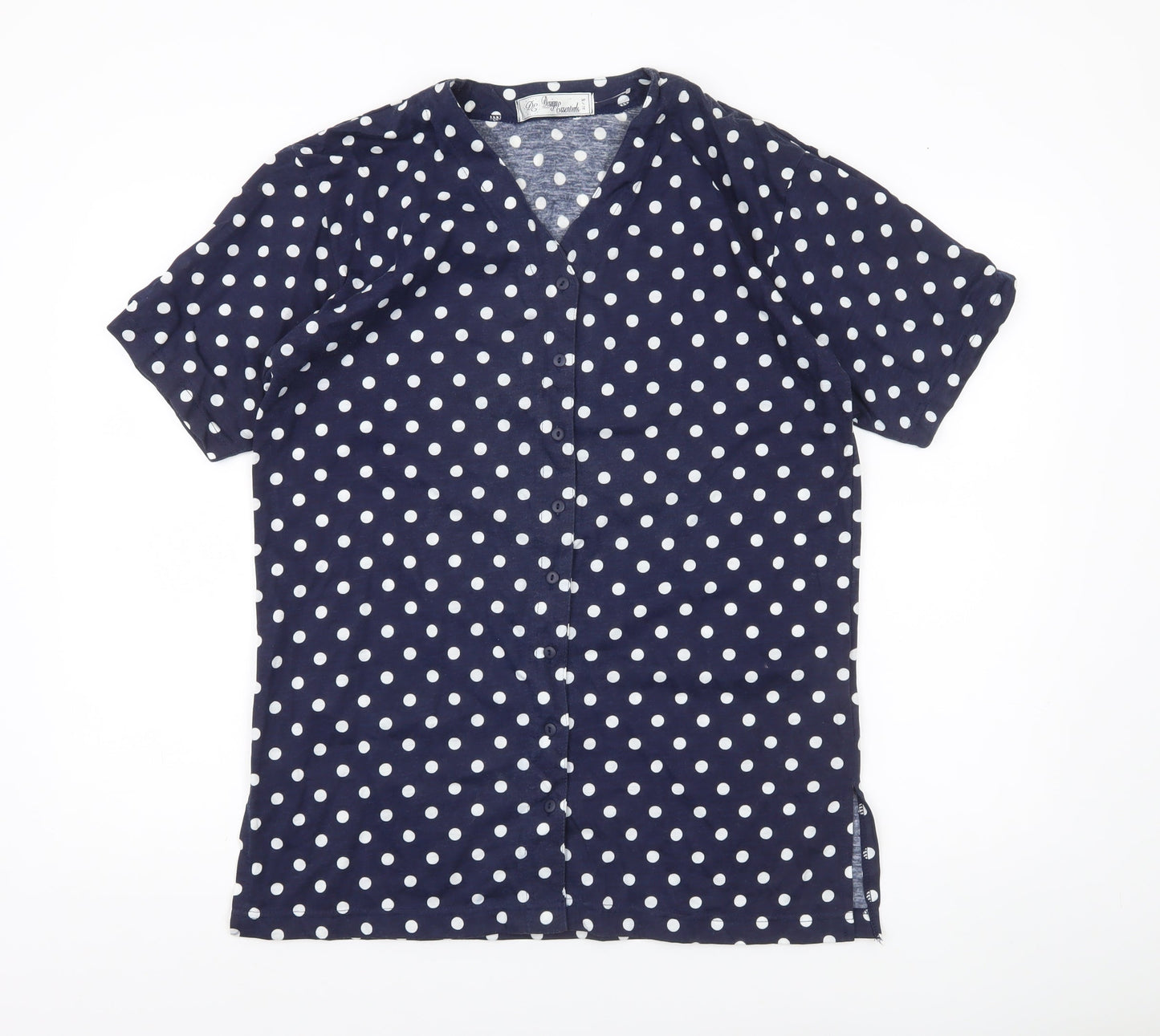 Design Essentials Womens Blue Polka Dot Shirt S Short Sleeve Button-Up