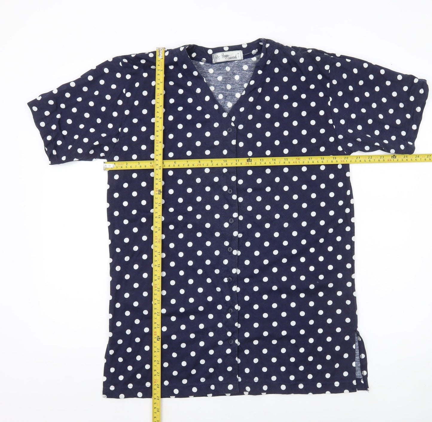 Design Essentials Womens Blue Polka Dot Shirt S Short Sleeve Button-Up