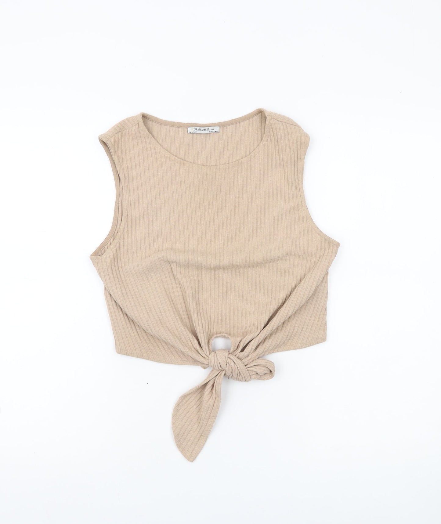Zara Trafaluc Women’s Beige Cropped Tank Top Size 8 Sleeveless Tie Front