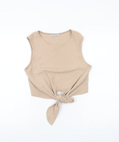 Zara Trafaluc Women’s Beige Cropped Tank Top Size 8 Sleeveless Tie Front