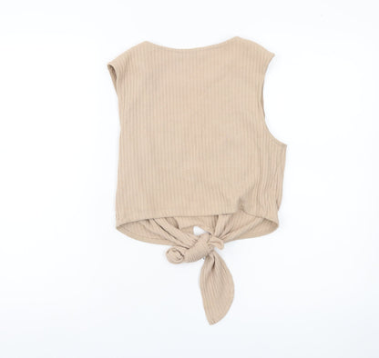 Zara Trafaluc Women’s Beige Cropped Tank Top Size 8 Sleeveless Tie Front