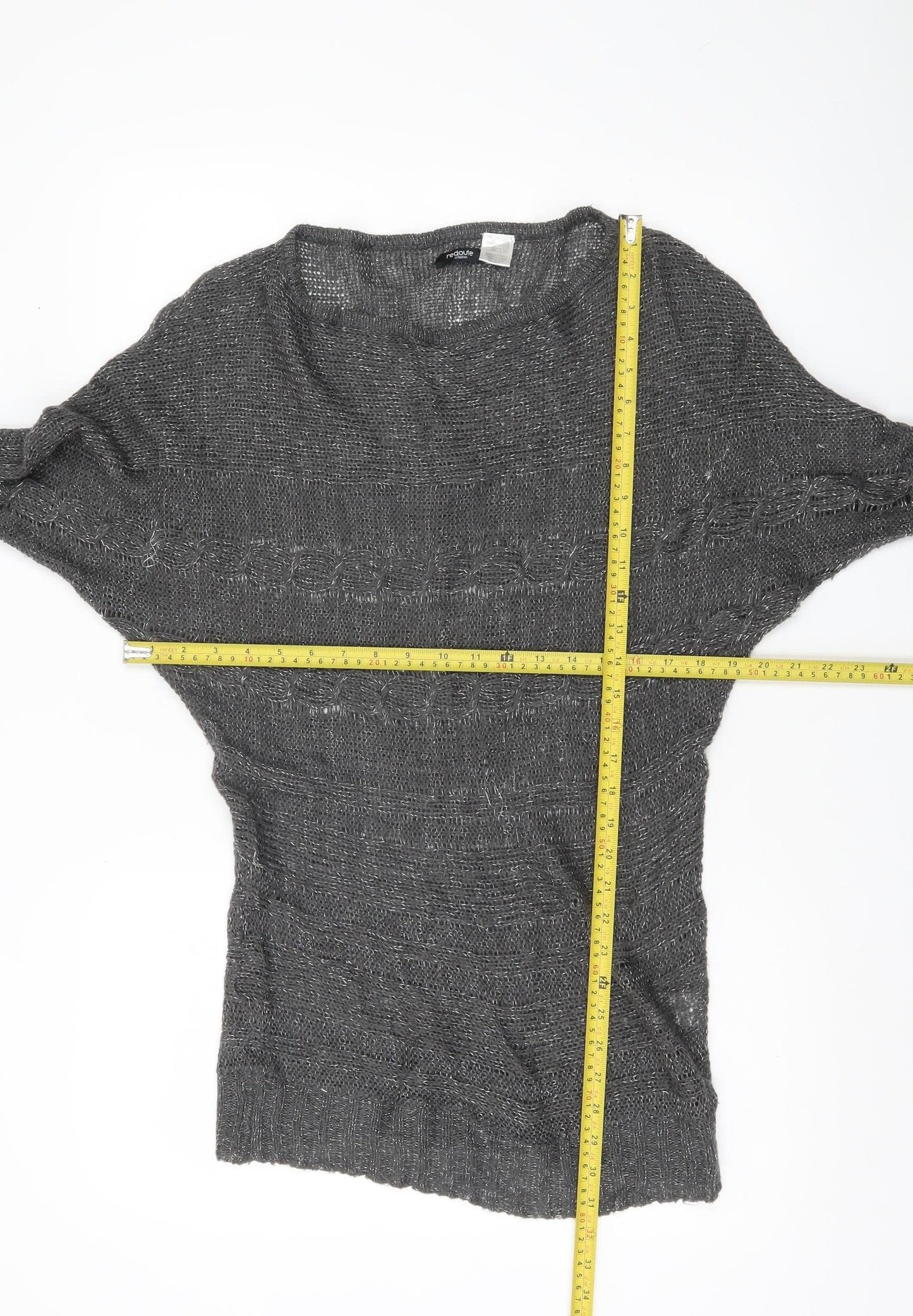 Redoute Women’s Grey Metallic Knit Jumper Size 8 Scoop Neck Pullover