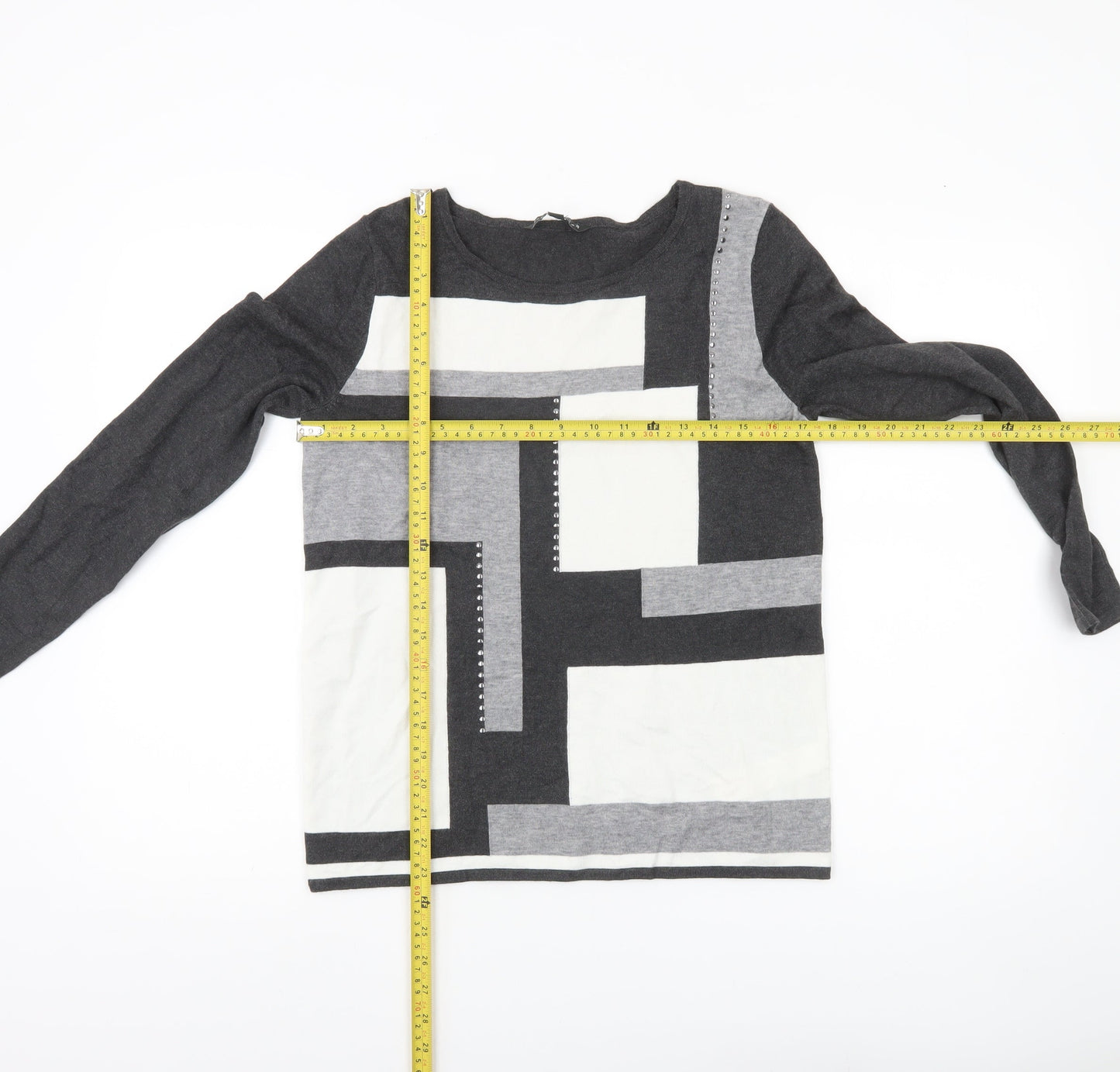 Bonmarché Women’s Black Grey Geometric Pullover Jumper Size 10