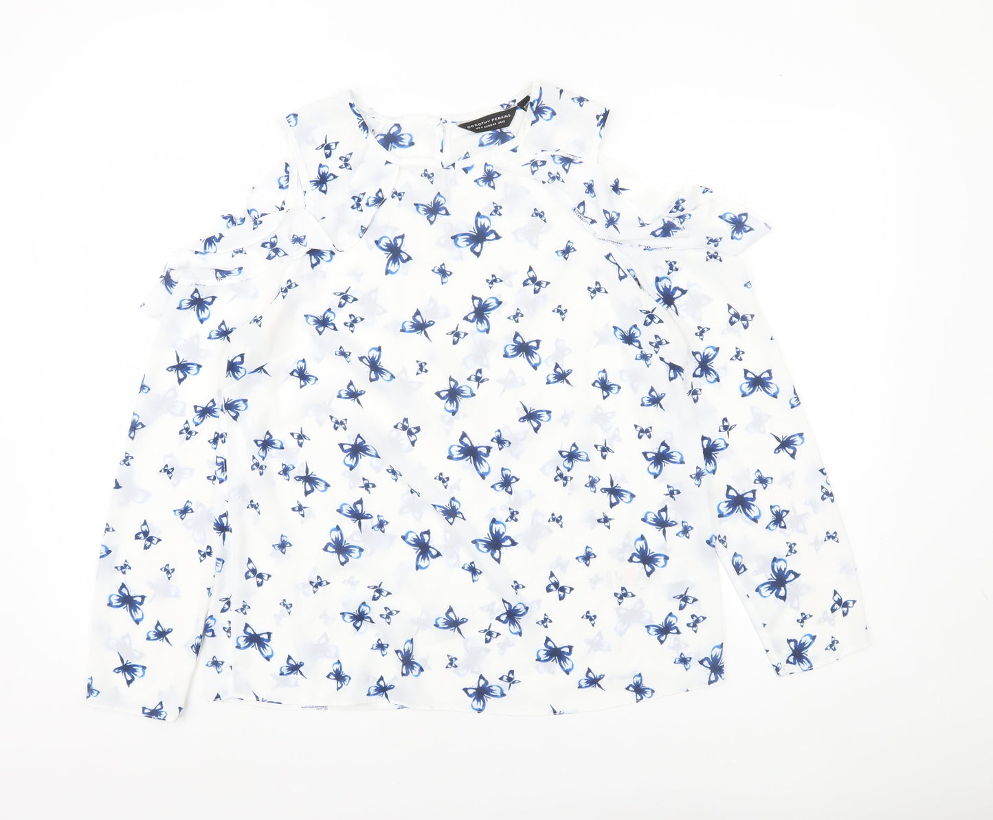 Dorothy Perkins Womens White Butterfly Blouse UK 12 Cold Shoulder Ruffle