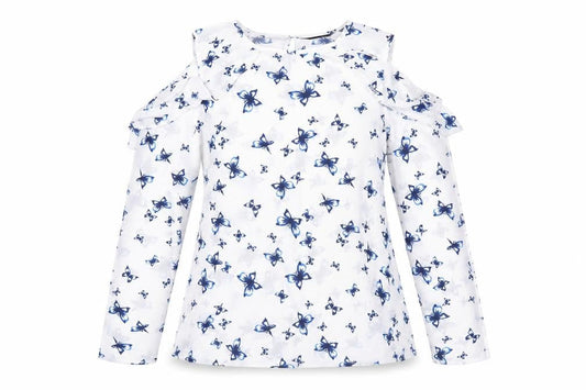 Dorothy Perkins Womens White Butterfly Blouse UK 12 Cold Shoulder Ruffle