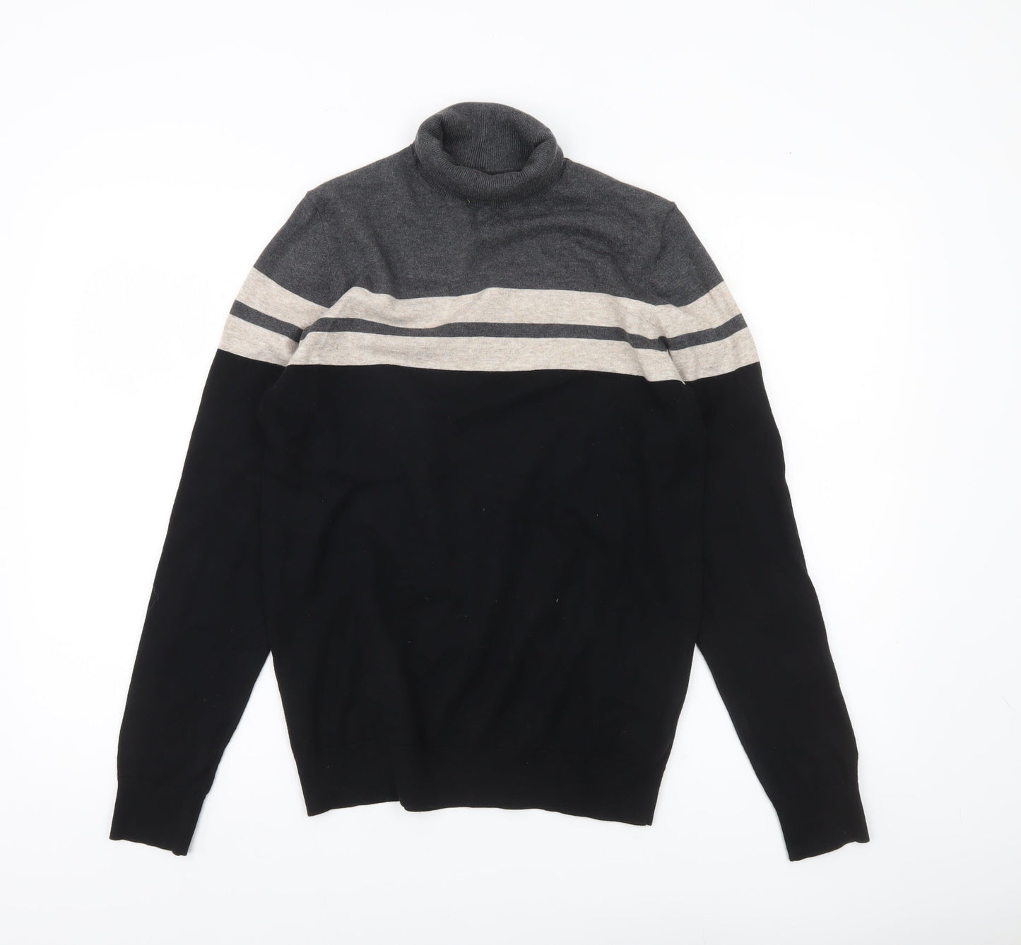 Marks and Spencer Men’s Black Grey Beige Roll Neck Striped Jumper Size S