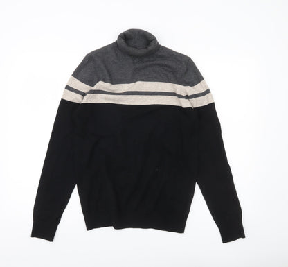 Marks and Spencer Men’s Black Grey Beige Roll Neck Striped Jumper Size S