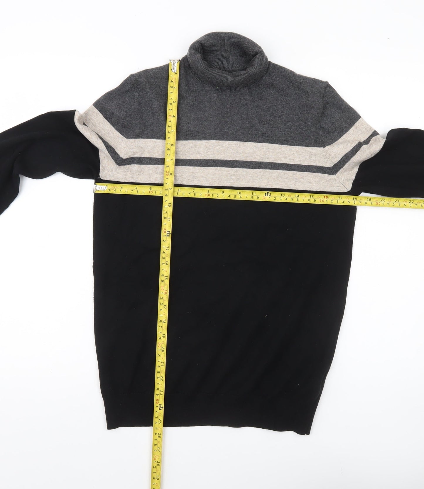 Marks and Spencer Men’s Black Grey Beige Roll Neck Striped Jumper Size S