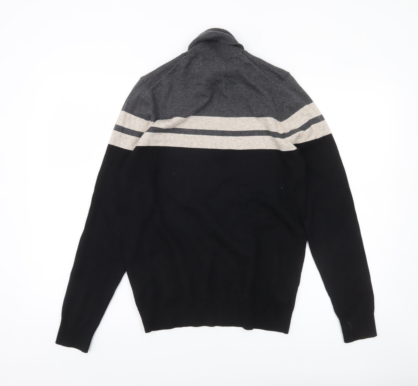 Marks and Spencer Men’s Black Grey Beige Roll Neck Striped Jumper Size S