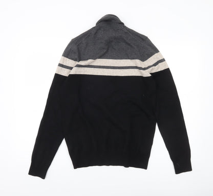 Marks and Spencer Men’s Black Grey Beige Roll Neck Striped Jumper Size S