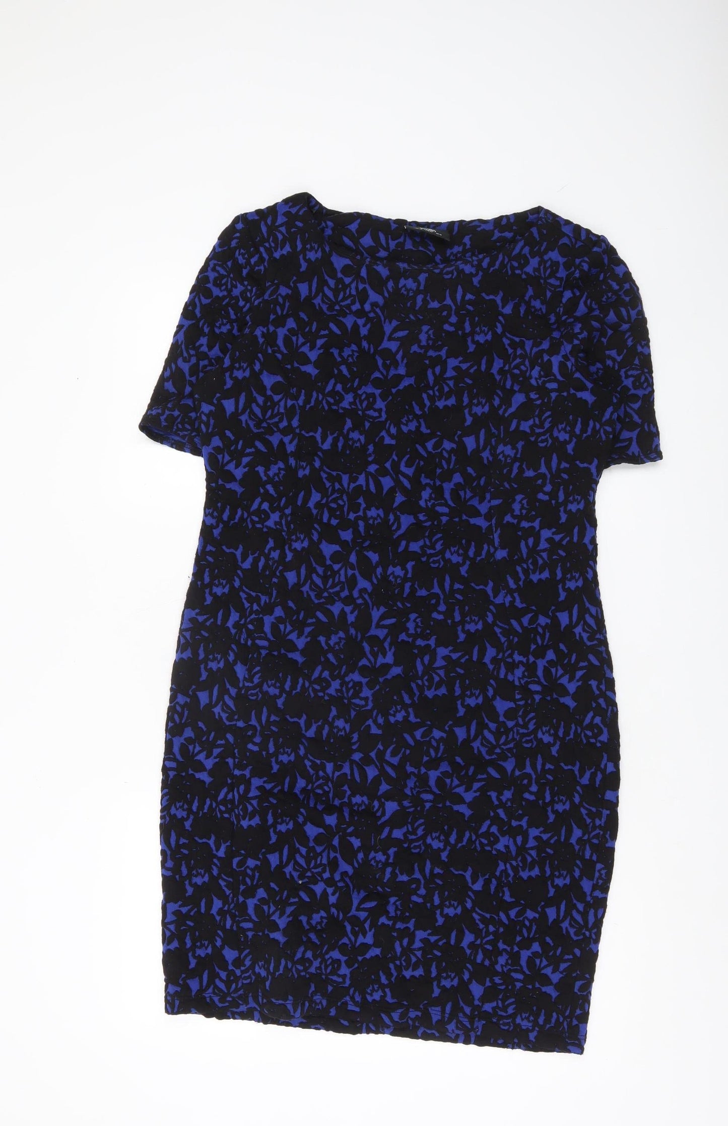 Wallis Womens Blue Black Floral Bodycon Dress UK 14 Short Sleeve Work Party