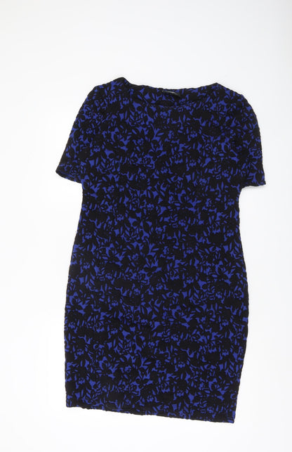 Wallis Womens Blue Black Floral Bodycon Dress UK 14 Short Sleeve Work Party