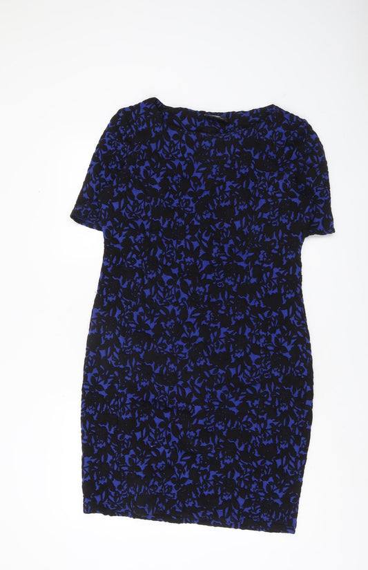 Wallis Womens Blue Black Floral Bodycon Dress UK 14 Short Sleeve Work Party
